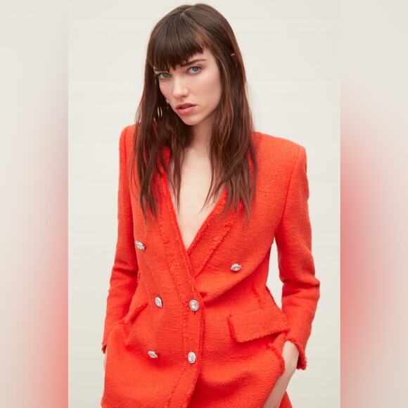 NWOT Zara Tweed Jewel Button Bright Orange Blazer. - Picture 2 of 10